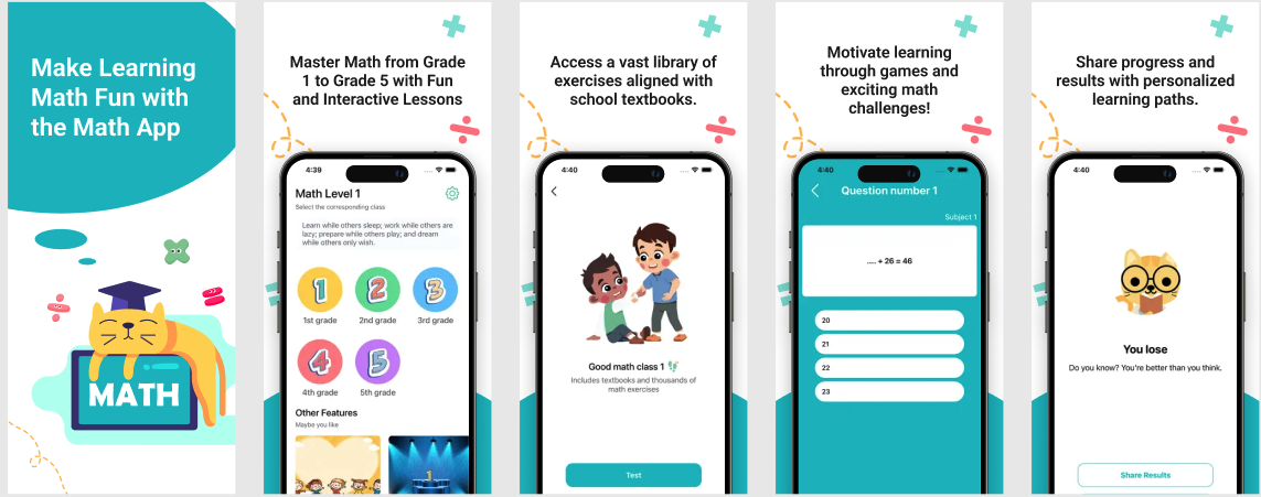 12345 Math Academy App Screenshot showing fun math games for kids Grades 1 to 5